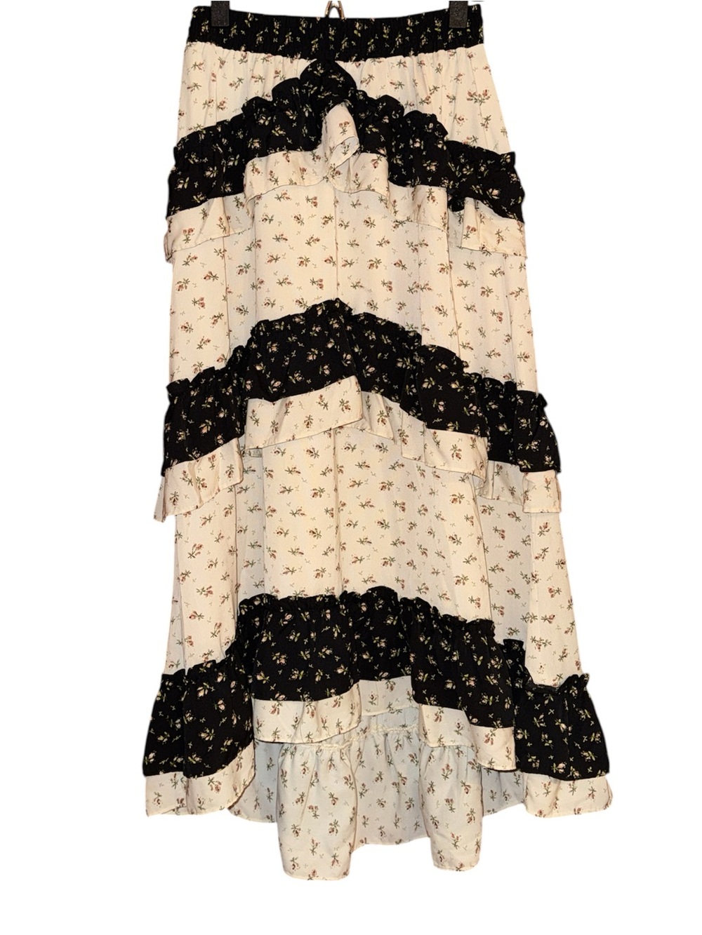 Free the Roses Ditsy Cream & Black Floral Tiered Ruffle Midi Skirt Size XS